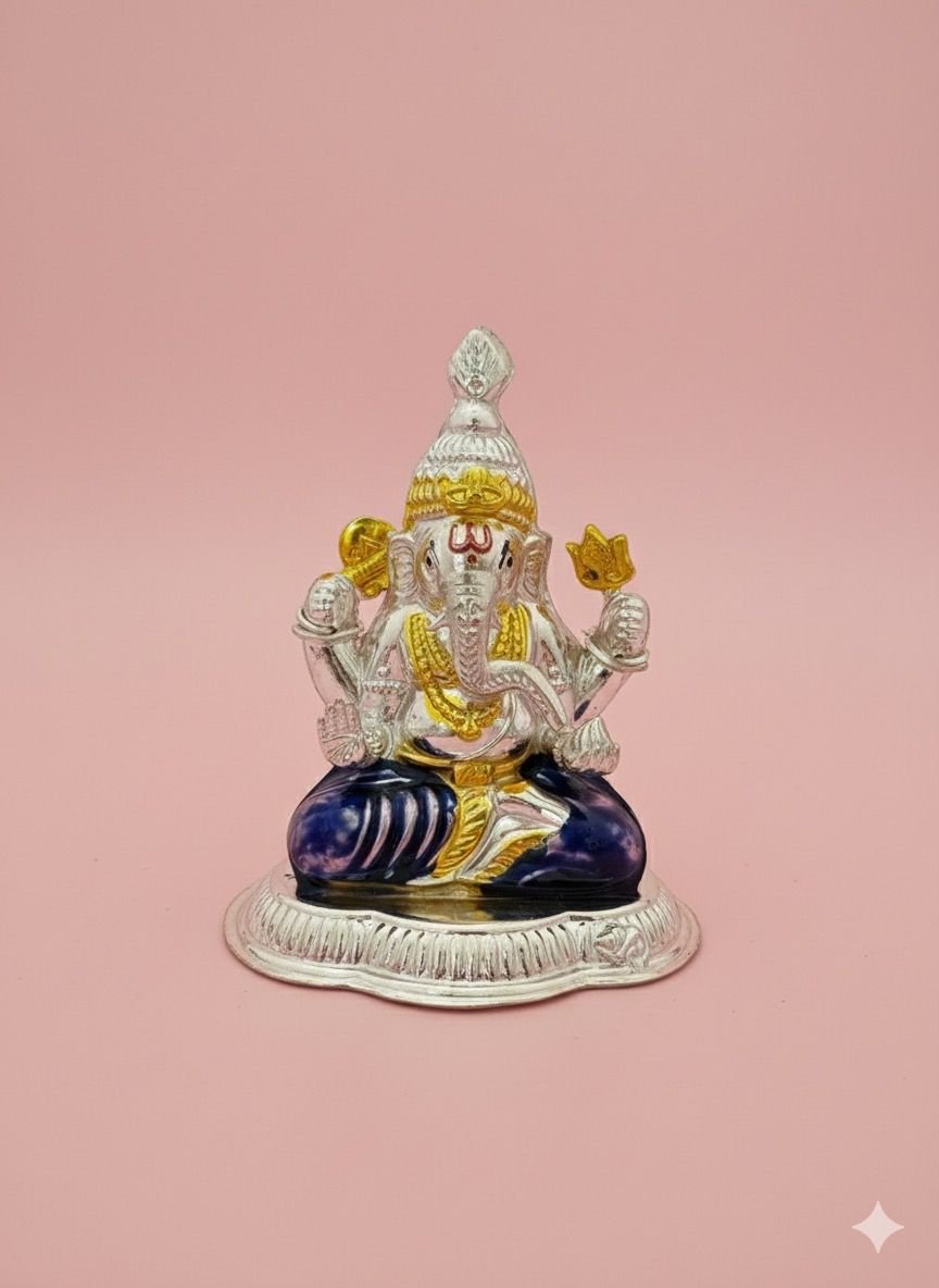 DIVINE BEGINNINGS SILVER BLUE ENAMEL GANESHA IDOL
